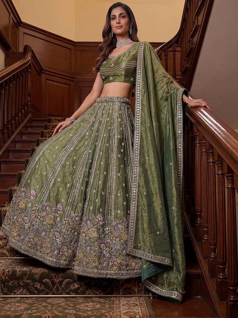 Charming olive Green Zari Work Oragnza Reception Wear Lehenga Choli
