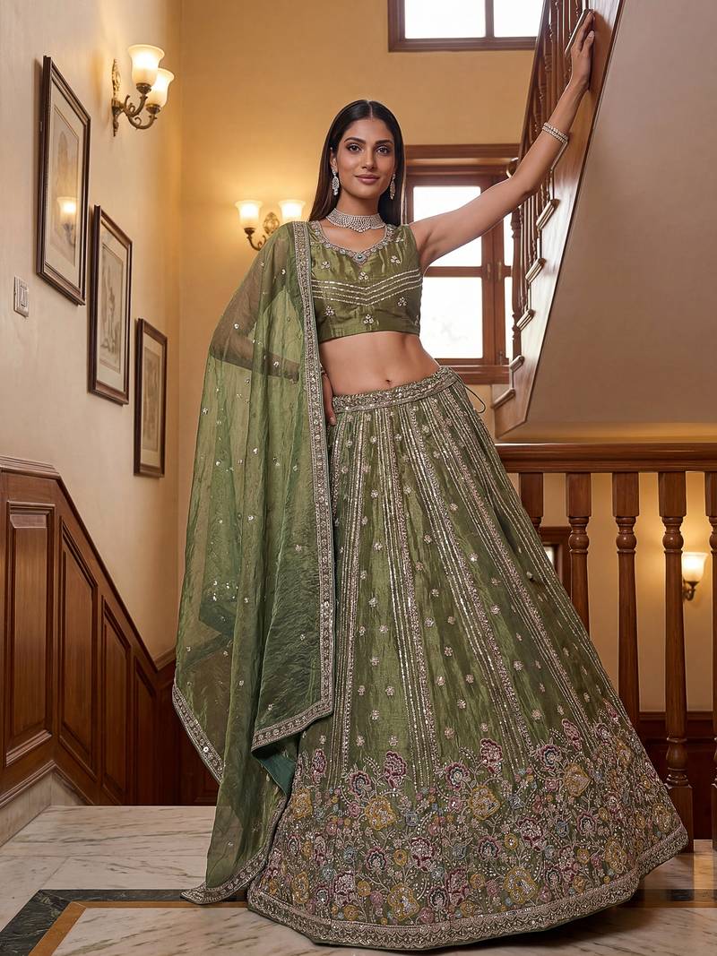 Charming olive Green Zari Work Oragnza Reception Wear Lehenga Choli