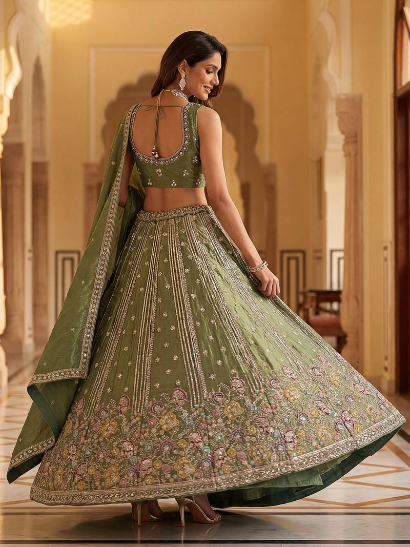Charming olive Green Zari Work Oragnza Reception Wear Lehenga Choli