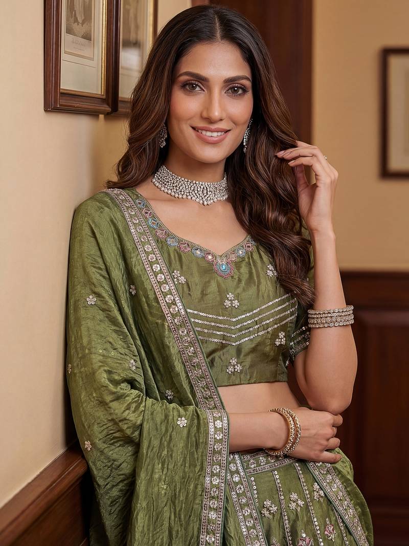 Charming olive Green Zari Work Oragnza Reception Wear Lehenga Choli