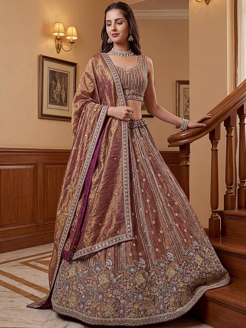 Delightful Brown Multi Thread Work Oragnza Sangeet Wear Lehenga Choli