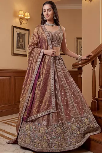 Delightful Brown Multi Thread Work Oragnza Sangeet Wear Lehenga Choli