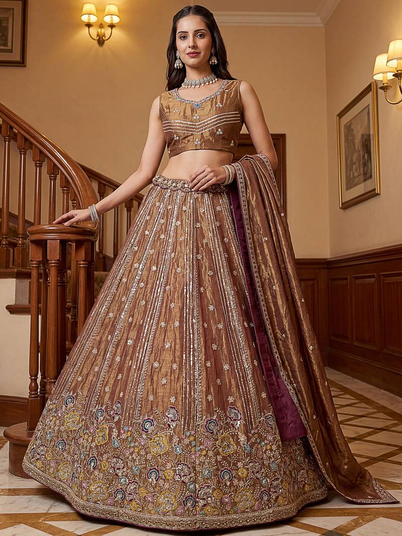 Delightful Brown Multi Thread Work Oragnza Sangeet Wear Lehenga Choli