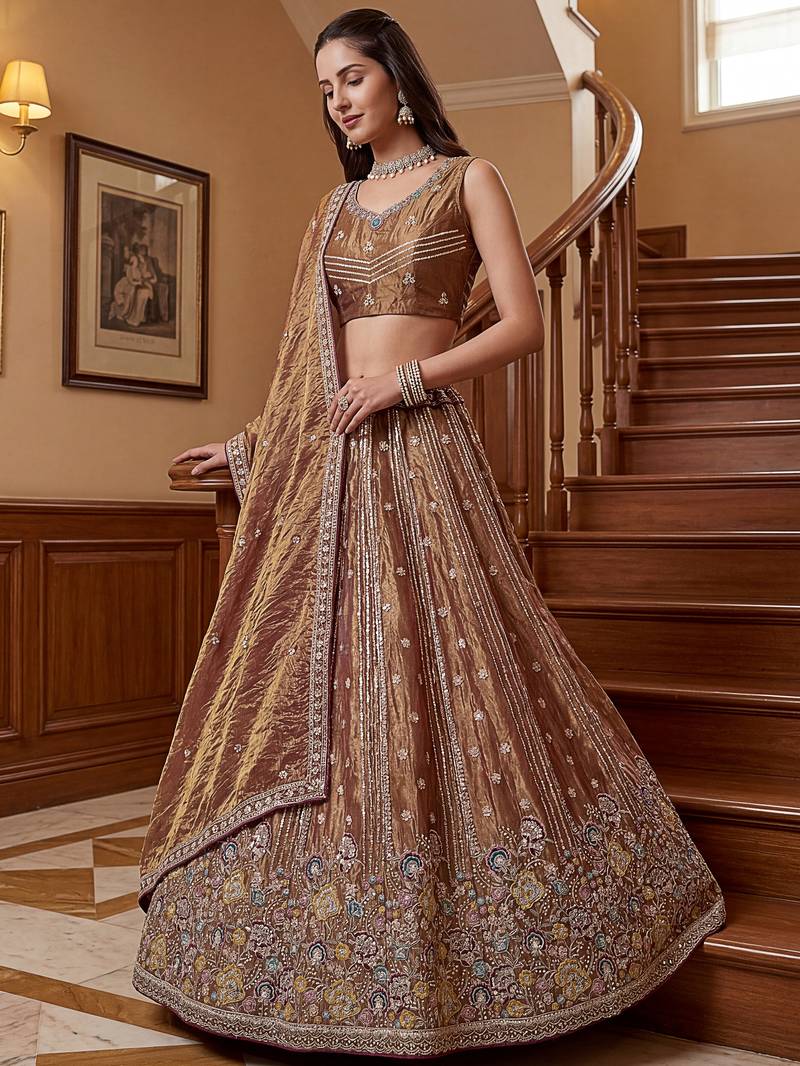 Delightful Brown Multi Thread Work Oragnza Sangeet Wear Lehenga Choli