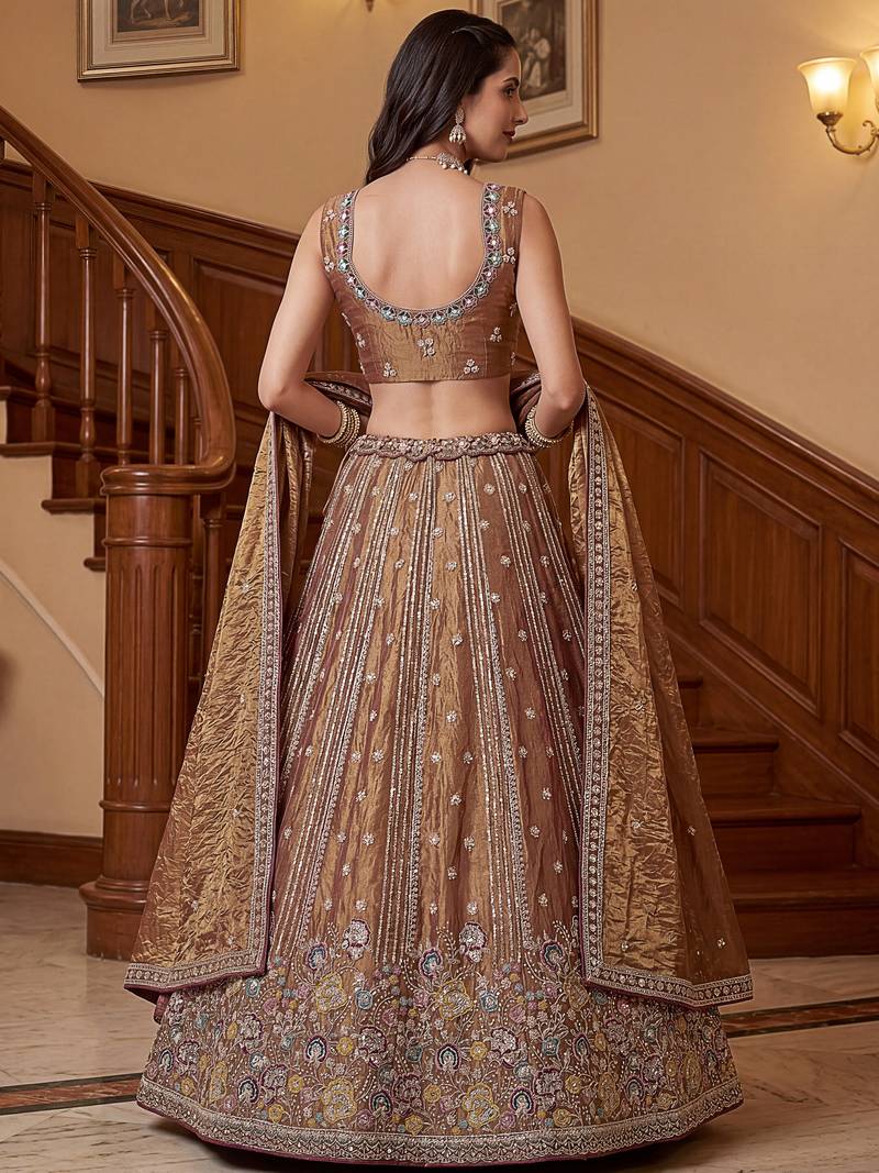 Delightful Brown Multi Thread Work Oragnza Sangeet Wear Lehenga Choli