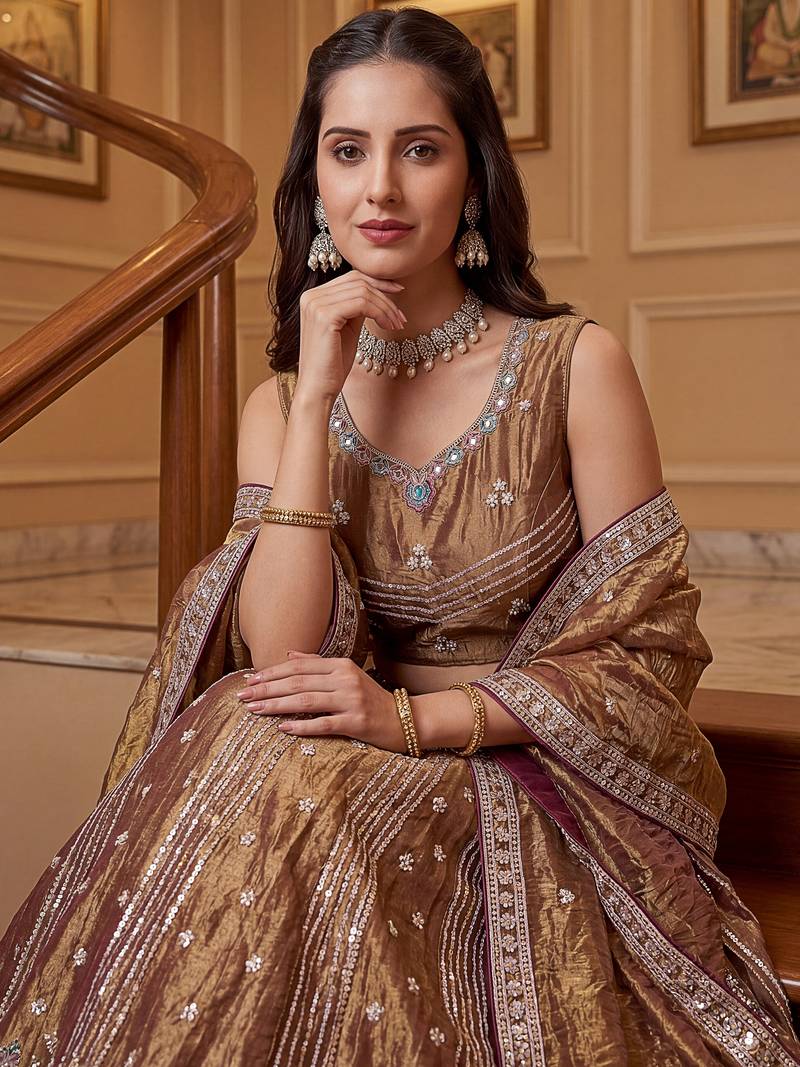 Delightful Brown Multi Thread Work Oragnza Sangeet Wear Lehenga Choli