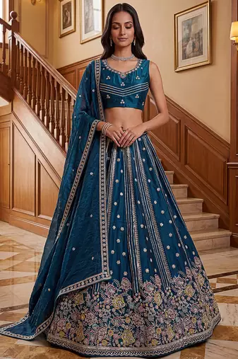 Dazzling Teal Blue Sequins Oragnza Marriage Wear Lehenga With Blouse