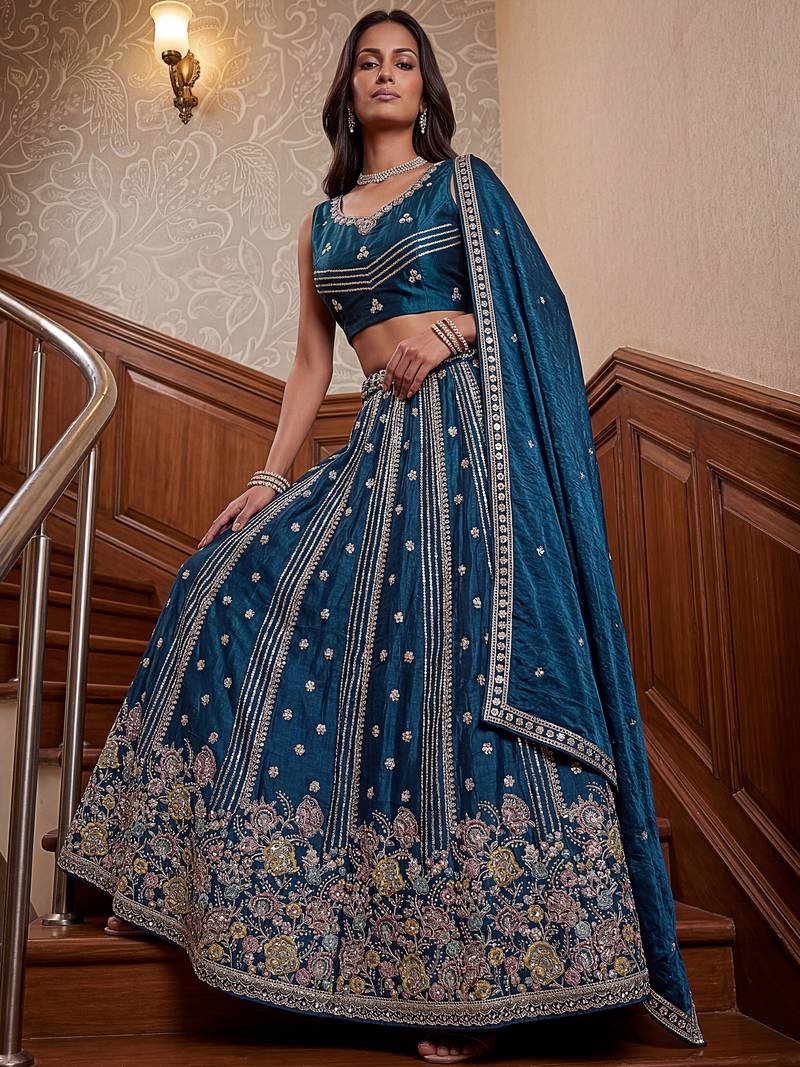 Dazzling Teal Blue Sequins Oragnza Marriage Wear Lehenga With Blouse