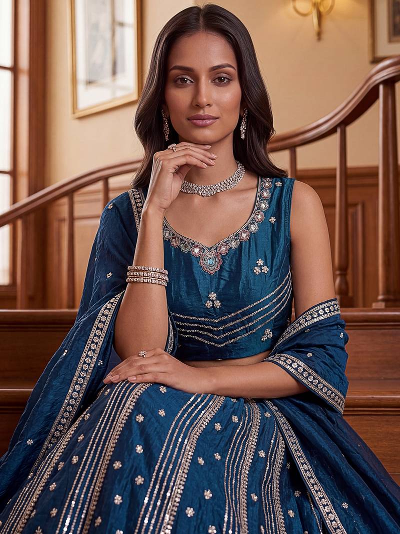 Dazzling Teal Blue Sequins Oragnza Marriage Wear Lehenga With Blouse