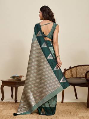 Green zari woven soft silk blend banarasi saree with blouse 4