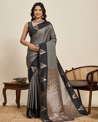 Grey zari woven soft silk blend banarasi saree with blouse 1