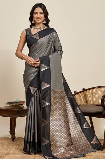 Grey zari woven soft silk banarasi saree with blouse