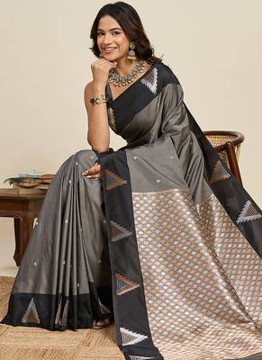 Grey zari woven soft silk blend banarasi saree with blouse 2
