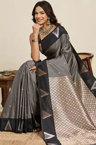 Grey zari woven soft silk banarasi saree with blouse