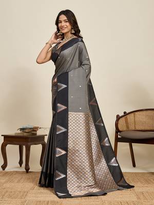 Grey zari woven soft silk blend banarasi saree with blouse 3