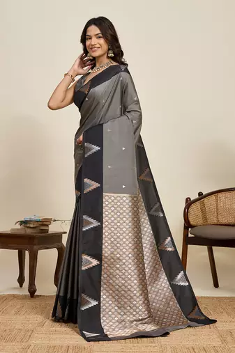 Grey zari woven soft silk banarasi saree with blouse