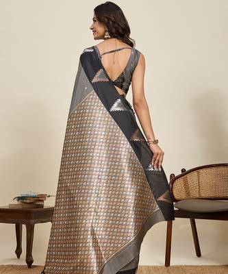 Grey zari woven soft silk blend banarasi saree with blouse 4