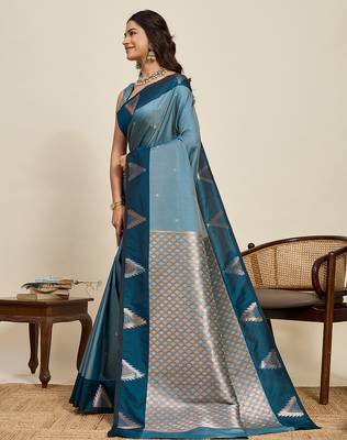 Teal blue zari woven soft silk blend banarasi saree with blouse 3