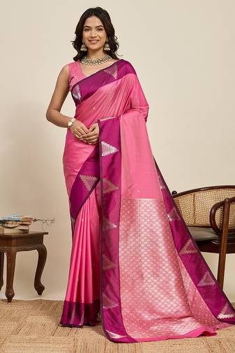 Pink zari woven soft silk banarasi saree with blouse