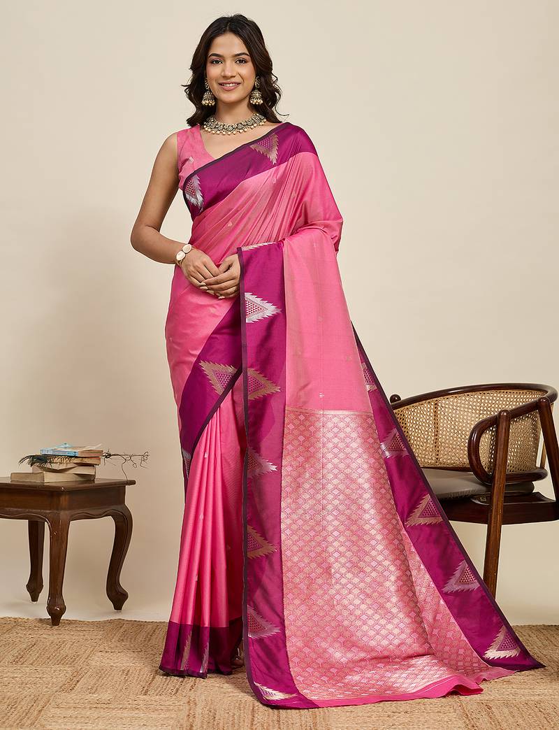 Pink zari woven soft silk banarasi saree with blouse