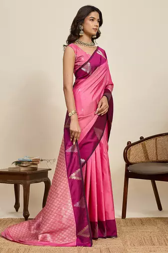 Pink zari woven soft silk banarasi saree with blouse