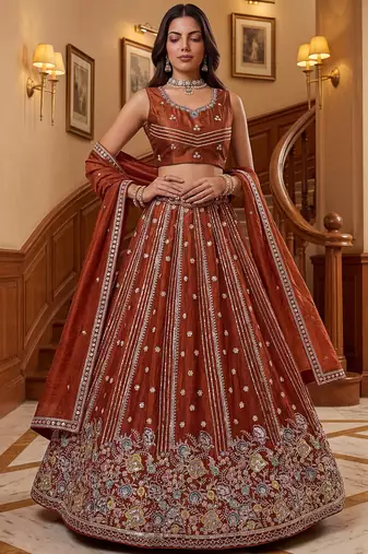 Rich Rust Orange Floral Embroidery Oragnza Wedding Wear Lehenga Choli