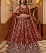 Rich Rust Orange Floral Embroidery Oragnza Wedding Wear Lehenga Choli