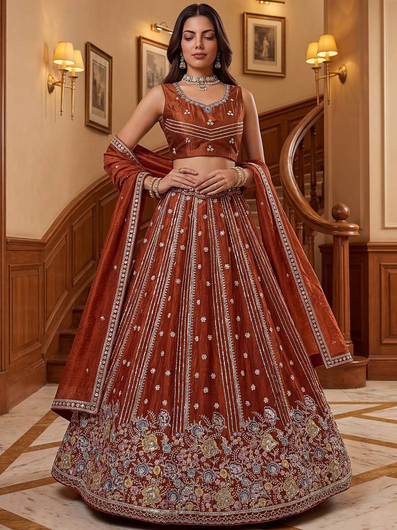 Rich Rust Orange Floral Embroidery Oragnza Wedding Wear Lehenga Choli