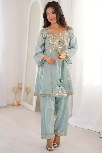 Gorgeous Sky Blue Mirror Work Silk Designer Pant Suit