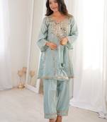 Gorgeous Sky Blue Mirror Work Silk Designer Pant Suit