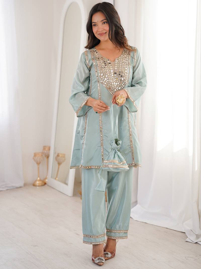 Gorgeous Sky Blue Mirror Work Silk Designer Pant Suit