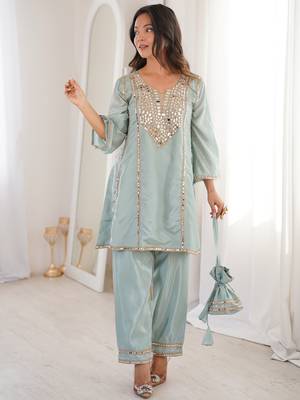 Gorgeous Sky Blue Mirror Work Silk Designer Pant Suit 2