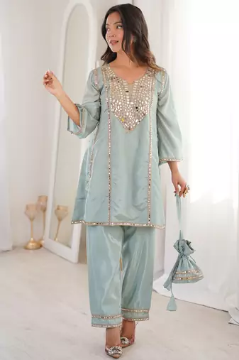Gorgeous Sky Blue Mirror Work Silk Designer Pant Suit