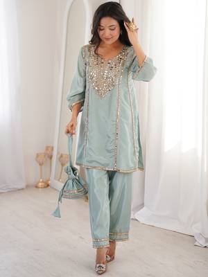 Gorgeous Sky Blue Mirror Work Silk Designer Pant Suit 3