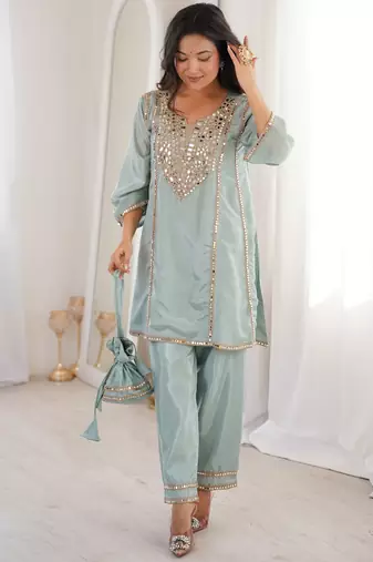 Gorgeous Sky Blue Mirror Work Silk Designer Pant Suit