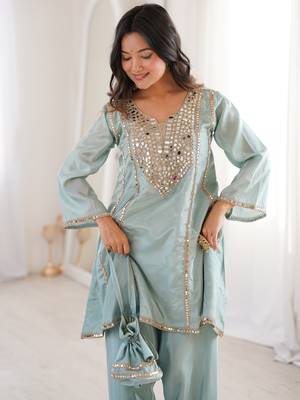 Gorgeous Sky Blue Mirror Work Silk Designer Pant Suit 4