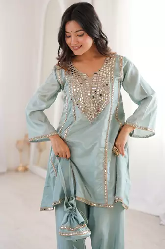 Gorgeous Sky Blue Mirror Work Silk Designer Pant Suit