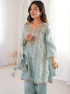 Gorgeous Sky Blue Mirror Work Silk Designer Pant Suit 5