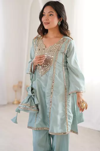 Gorgeous Sky Blue Mirror Work Silk Designer Pant Suit