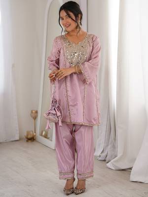 Stylish Pink Mirror Work Silk Festive Wear Pant Suit 1