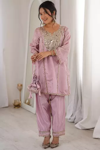 Stylish Pink Mirror Work Silk Festive Wear Pant Suit