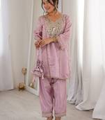 Stylish Pink Mirror Work Silk Festive Wear Pant Suit