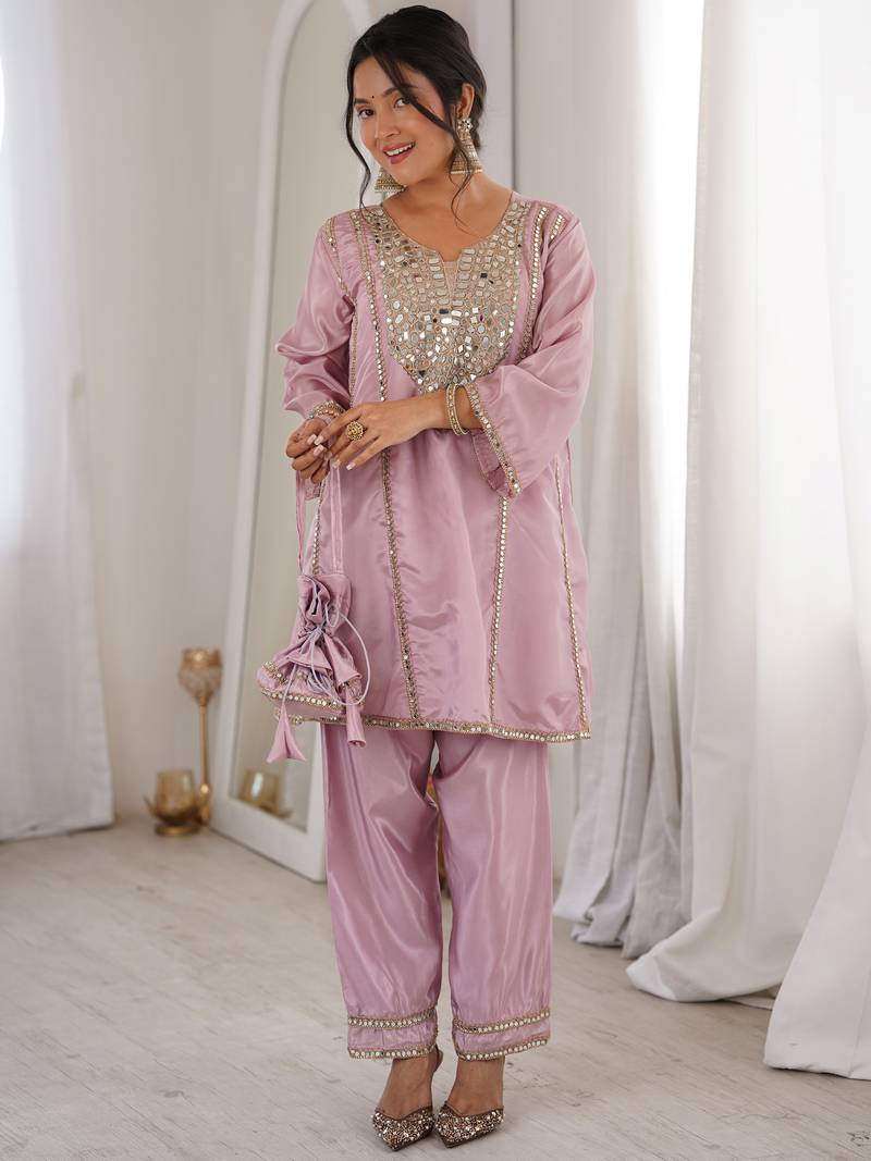 Stylish Pink Mirror Work Silk Festive Wear Pant Suit