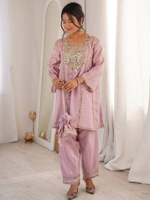Stylish Pink Mirror Work Silk Festive Wear Pant Suit 3