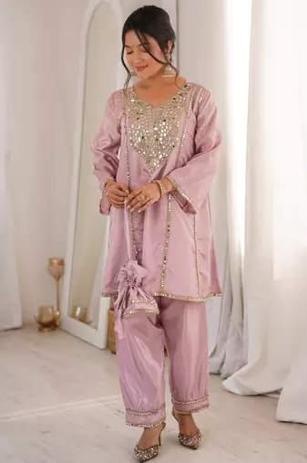Stylish Pink Mirror Work Silk Festive Wear Pant Suit