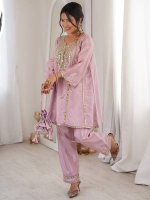 Stylish Pink Mirror Work Silk Festive Wear Pant Suit 4