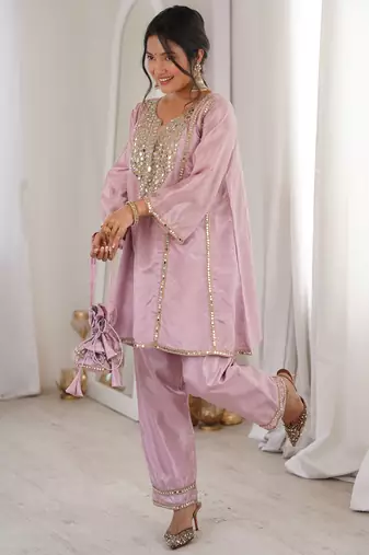 Stylish Pink Mirror Work Silk Festive Wear Pant Suit