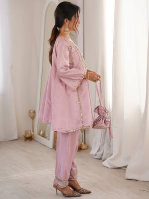 Stylish Pink Mirror Work Silk Festive Wear Pant Suit 5