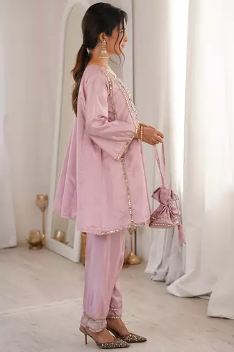Stylish Pink Mirror Work Silk Festive Wear Pant Suit