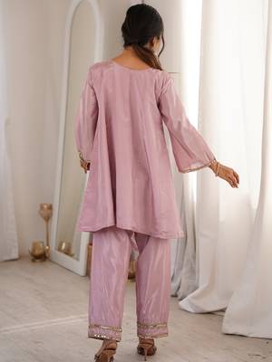 Stylish Pink Mirror Work Silk Festive Wear Pant Suit 6
